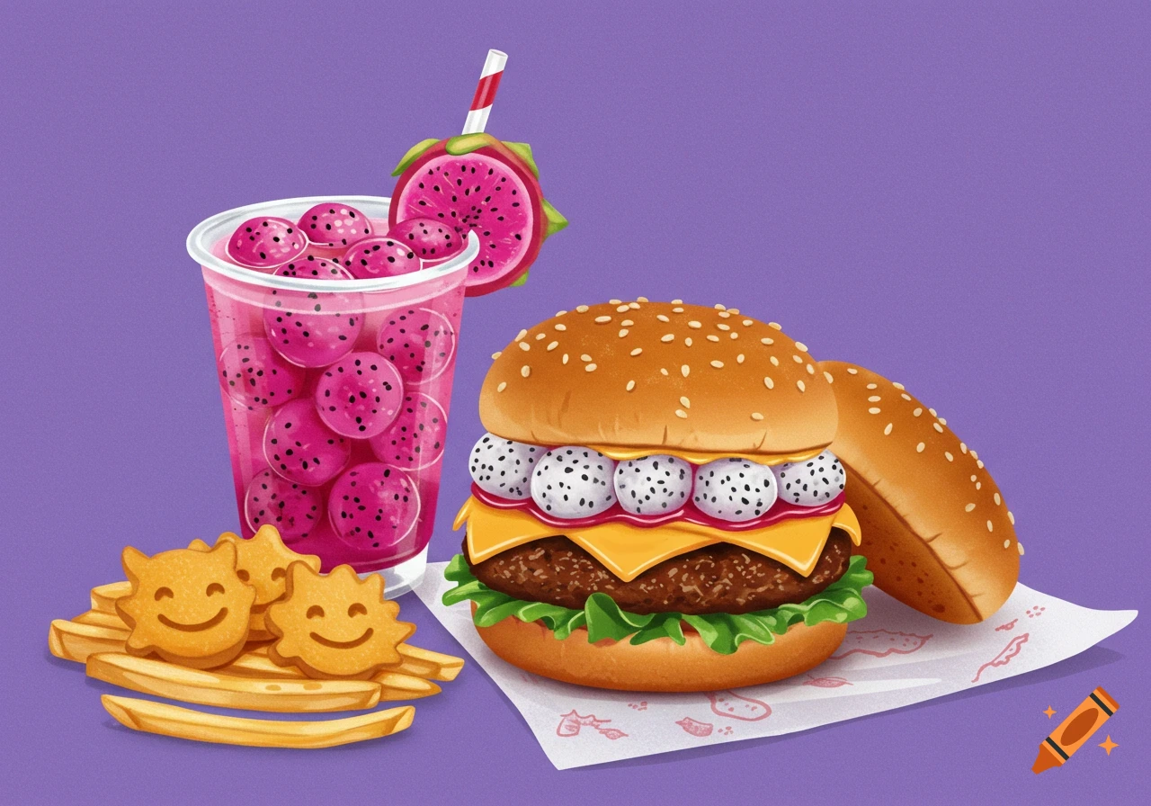 Illustration of a burger with dragon fruit slices, a pink drink with dragon fruit balls, and smiley fries on a purple background.