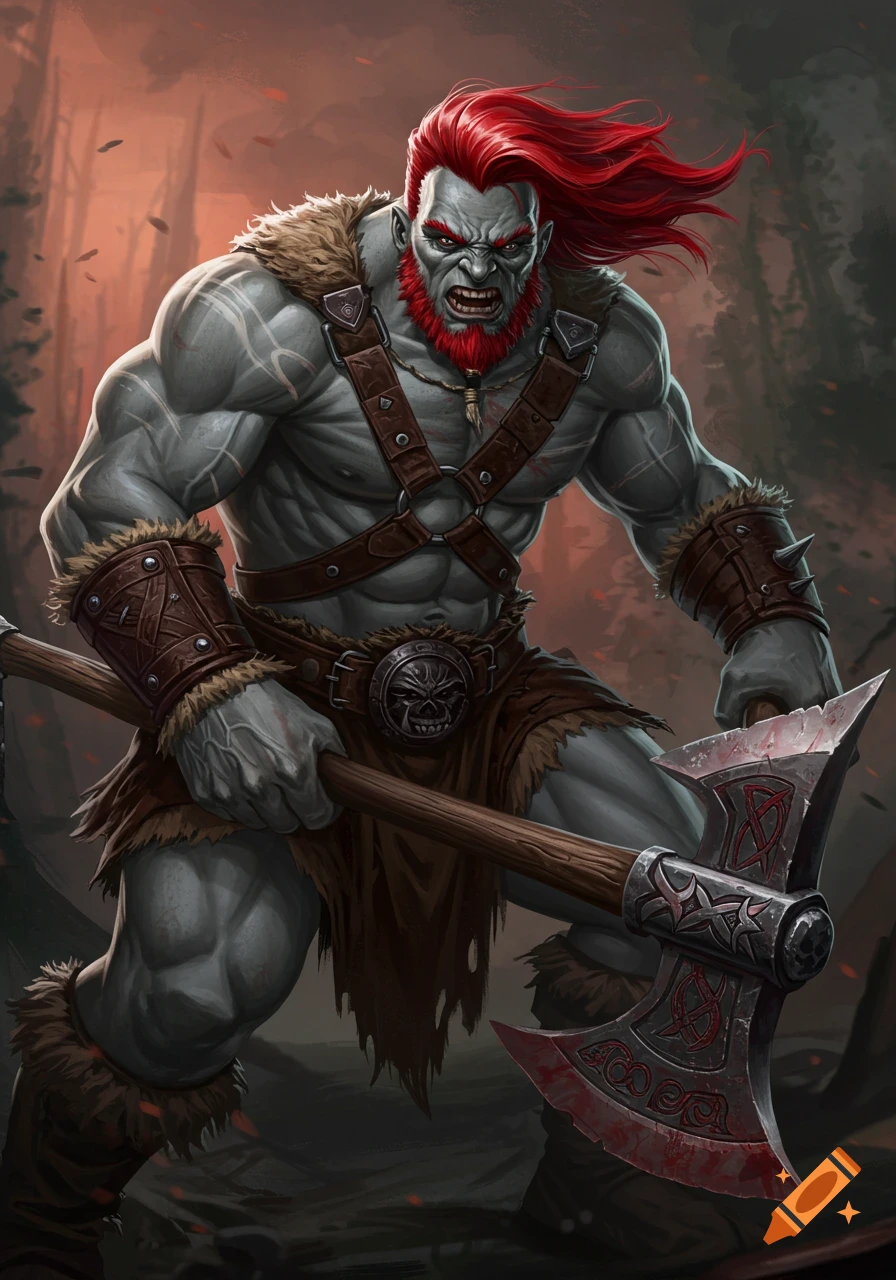 Illustration of a gray-skinned barbarian with red hair holding a large axe in a forest.
