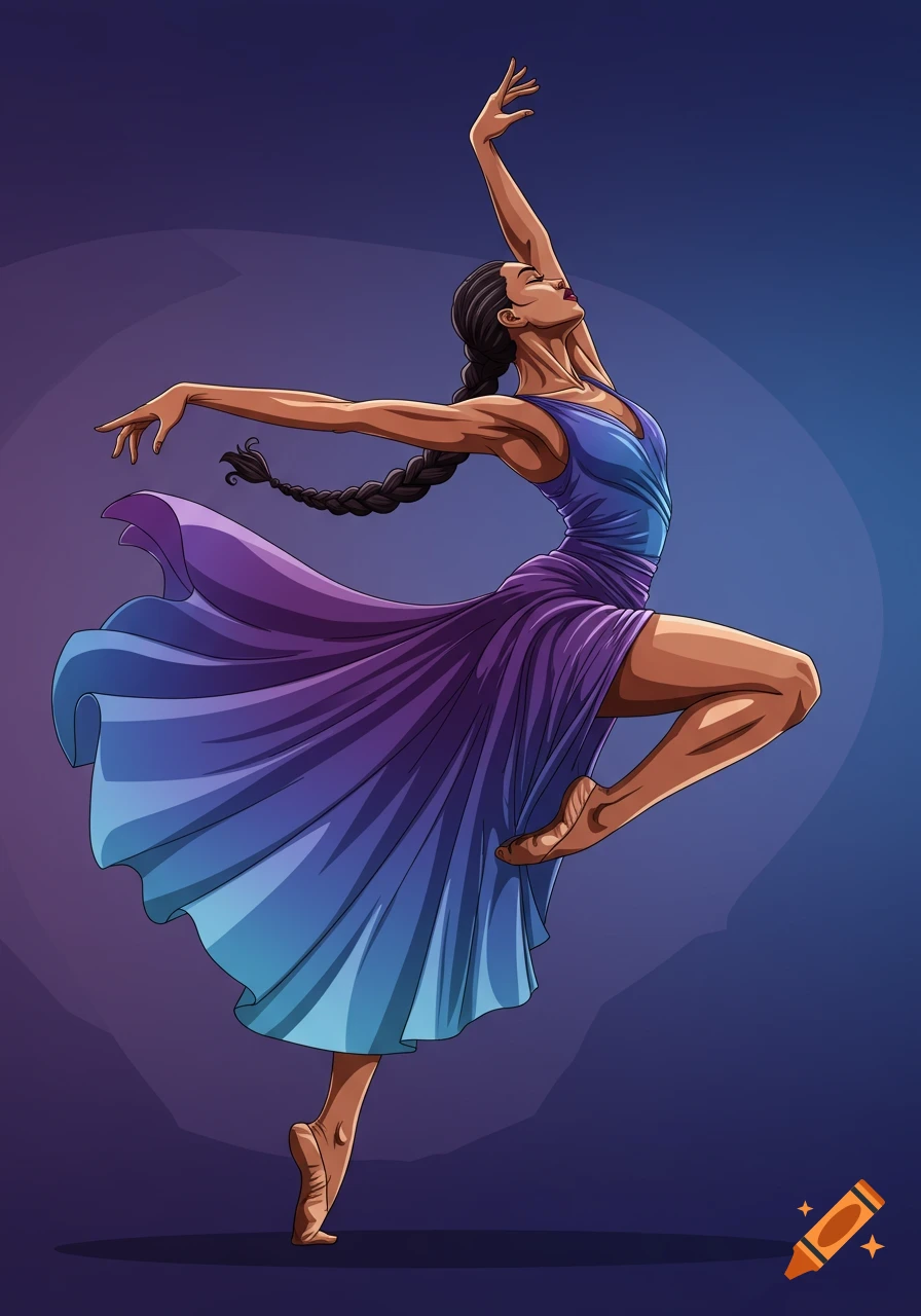 Illustration of a dancer in a purple and blue dress in a dynamic pose.