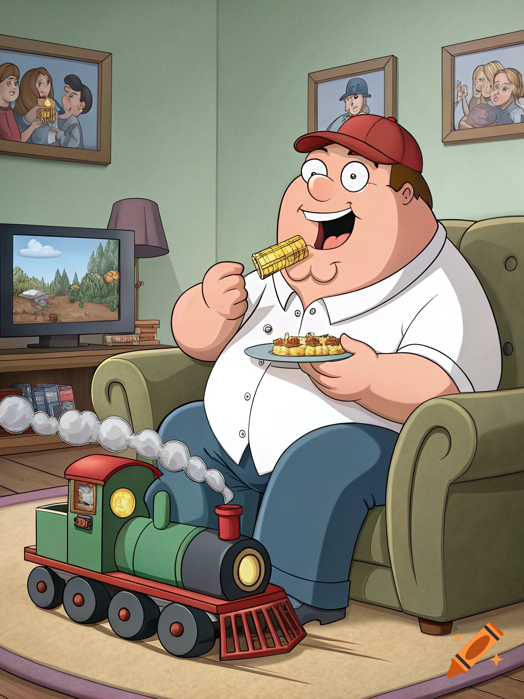 Peter Griffin sits on a couch, eating from a plate and holding corn on the cob, with a toy train in front of him, watching TV.