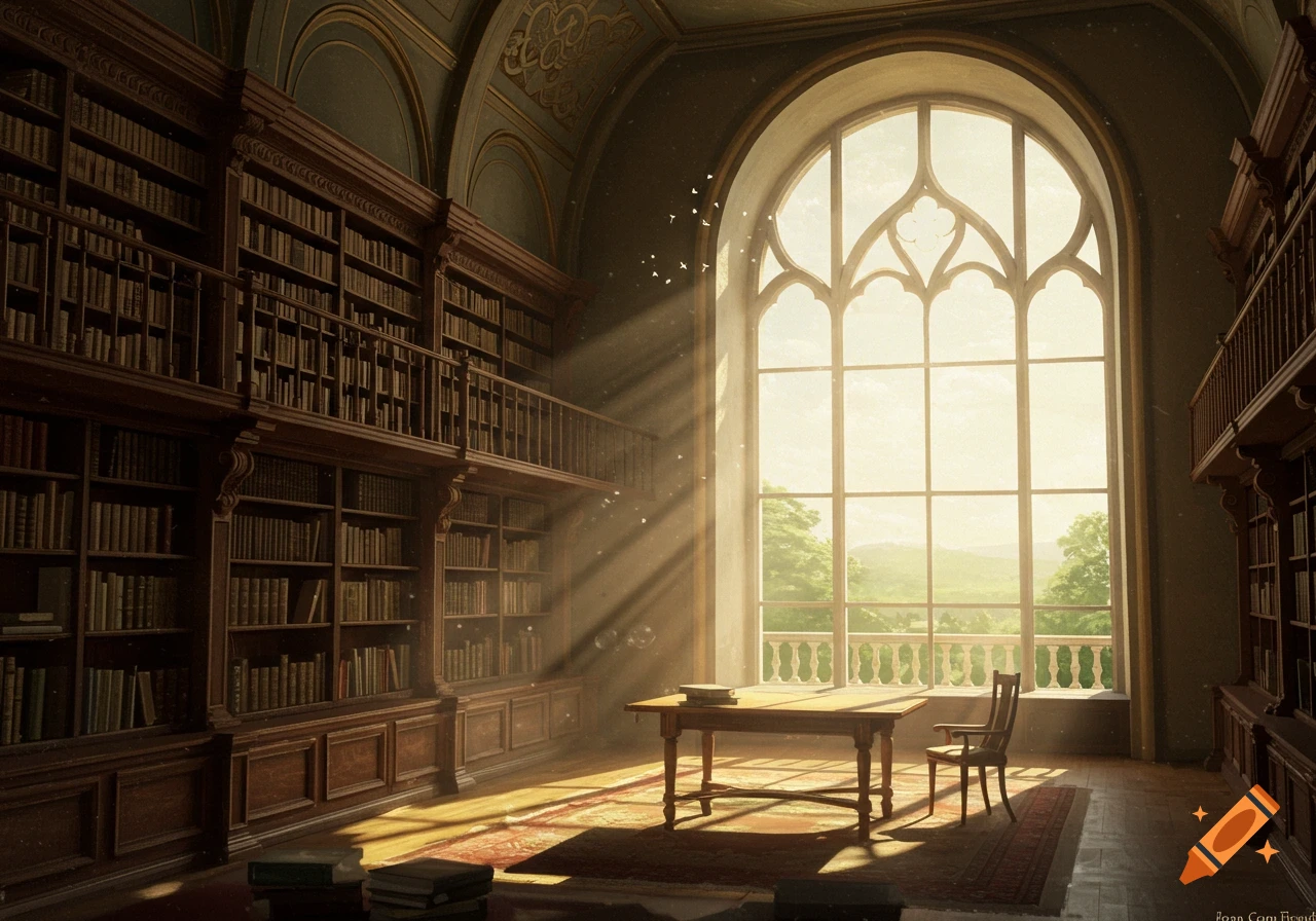 A grand library interior with bookshelves, a table, and a large window showing a sunlit landscape.