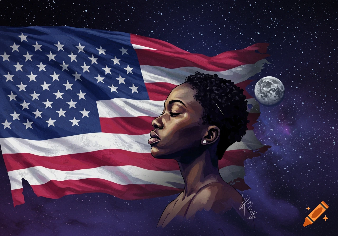 Illustrative portrait of a person's profile against an American flag and starry space with a moon.