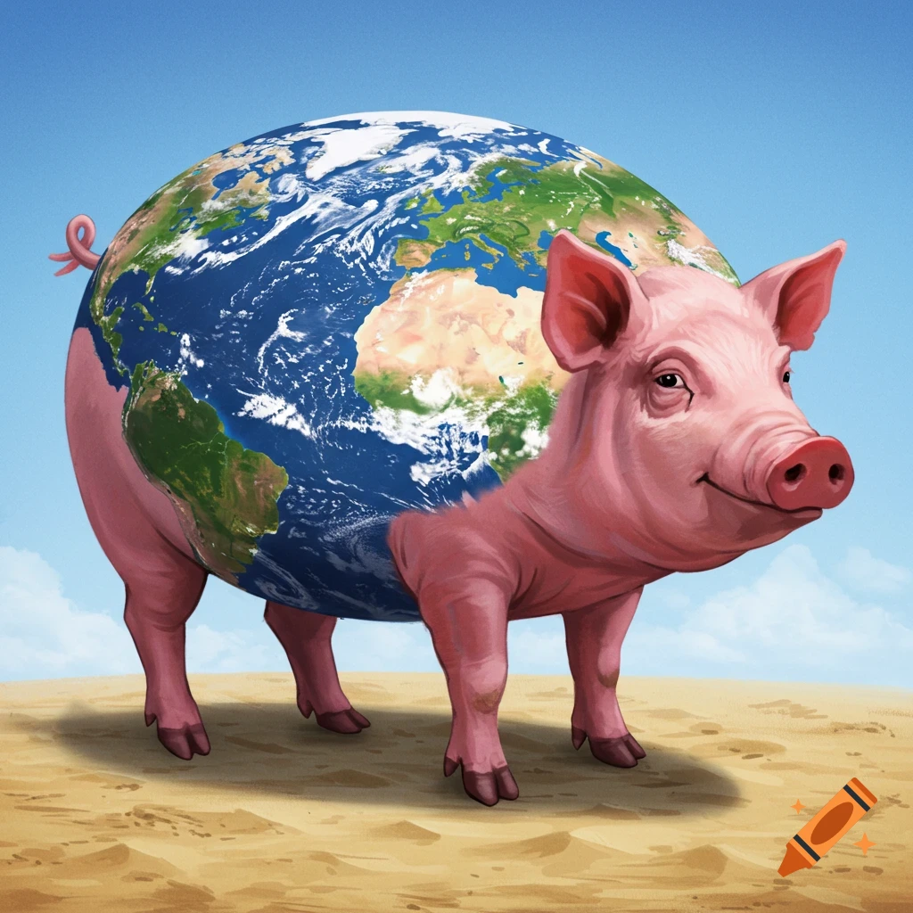 A pig with the Earth as its body stands in a desert landscape.