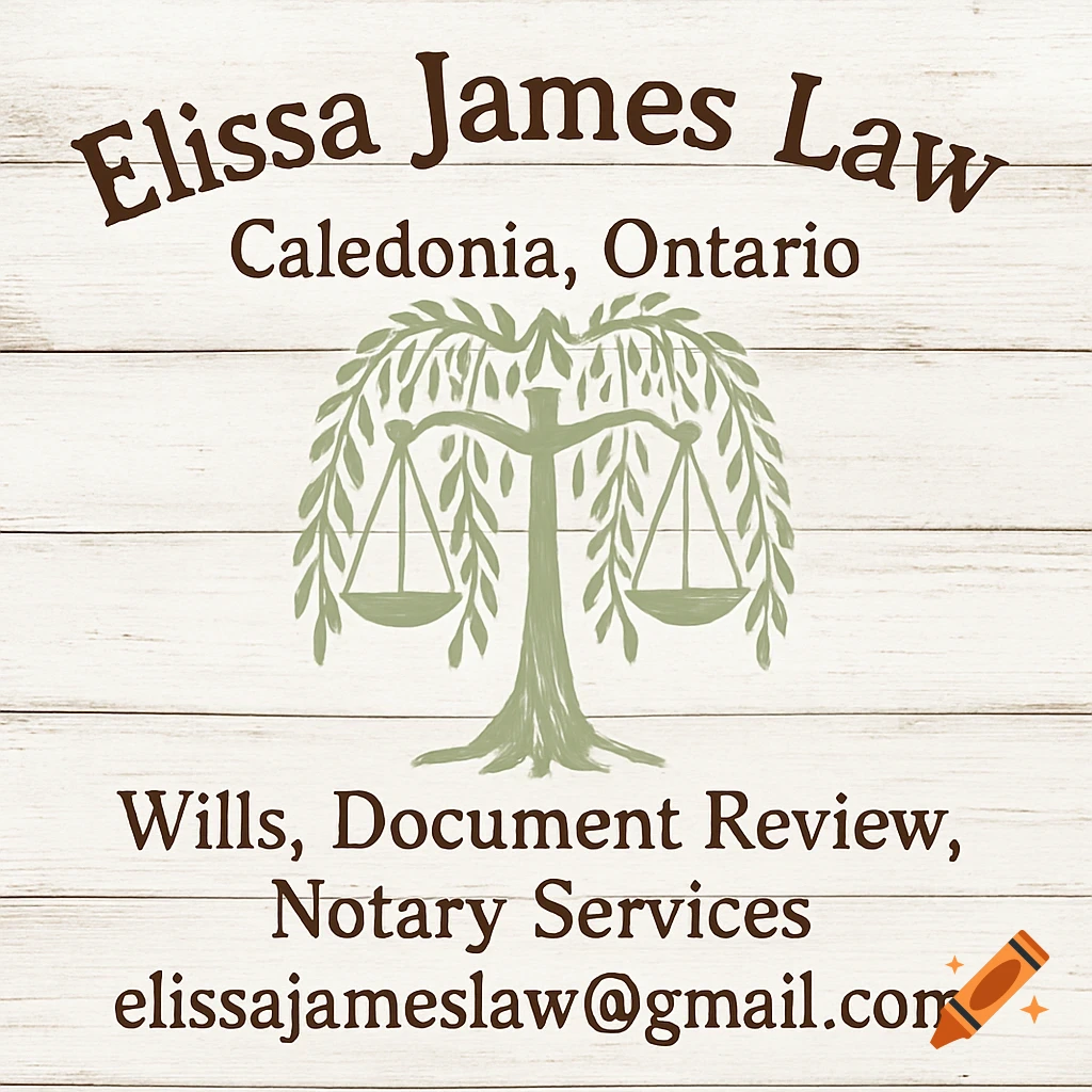 Logo for Elissa James Law with a tree in the shape of scales of justice on a rustic white wood background.