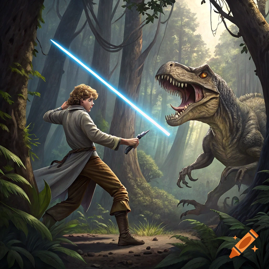 A person fights a T-Rex with a lightsaber in a jungle.