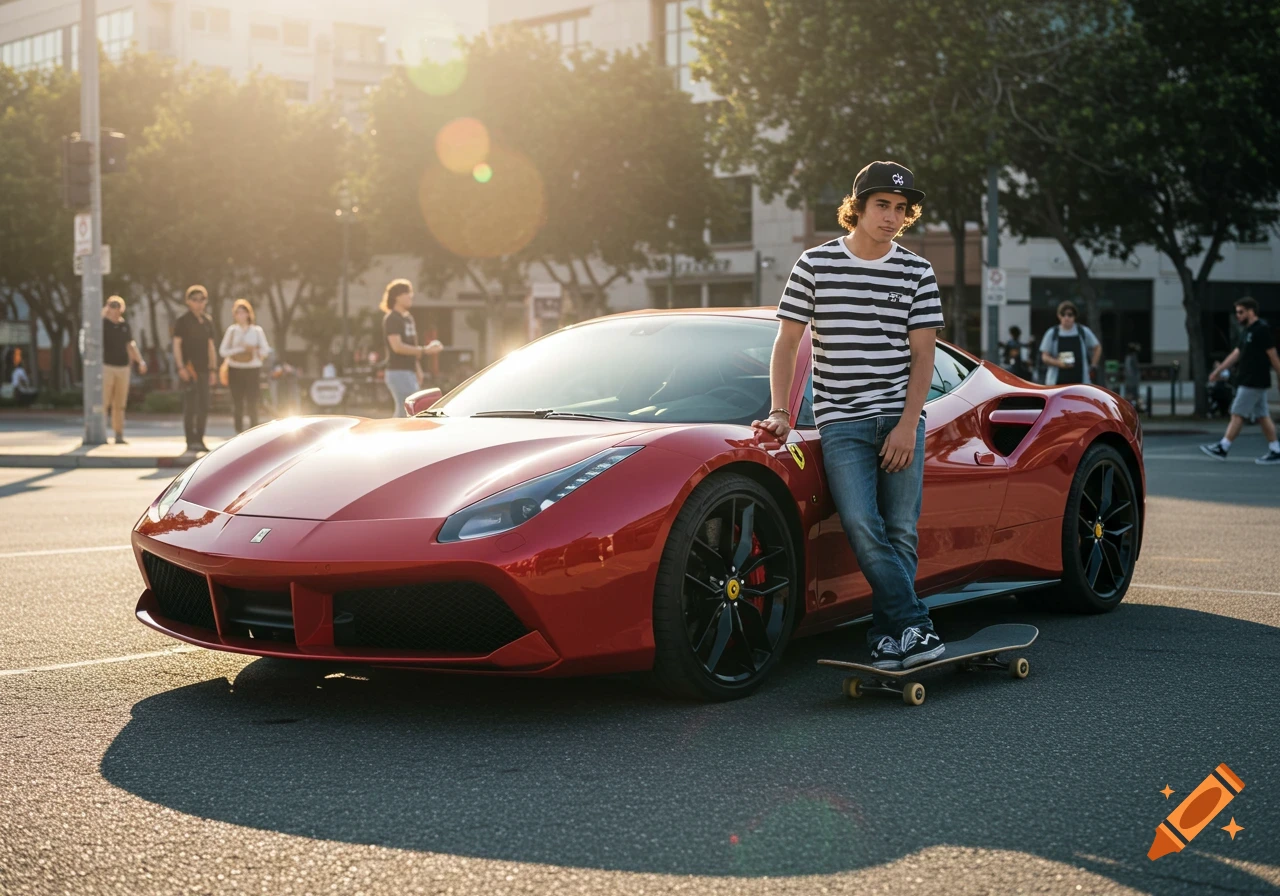 A skateboarder stands next to a red Ferrari on a street.