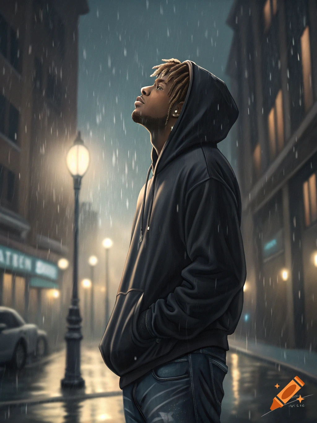 A person in a black hoodie stands on a wet street at night in the rain, looking up at the sky.