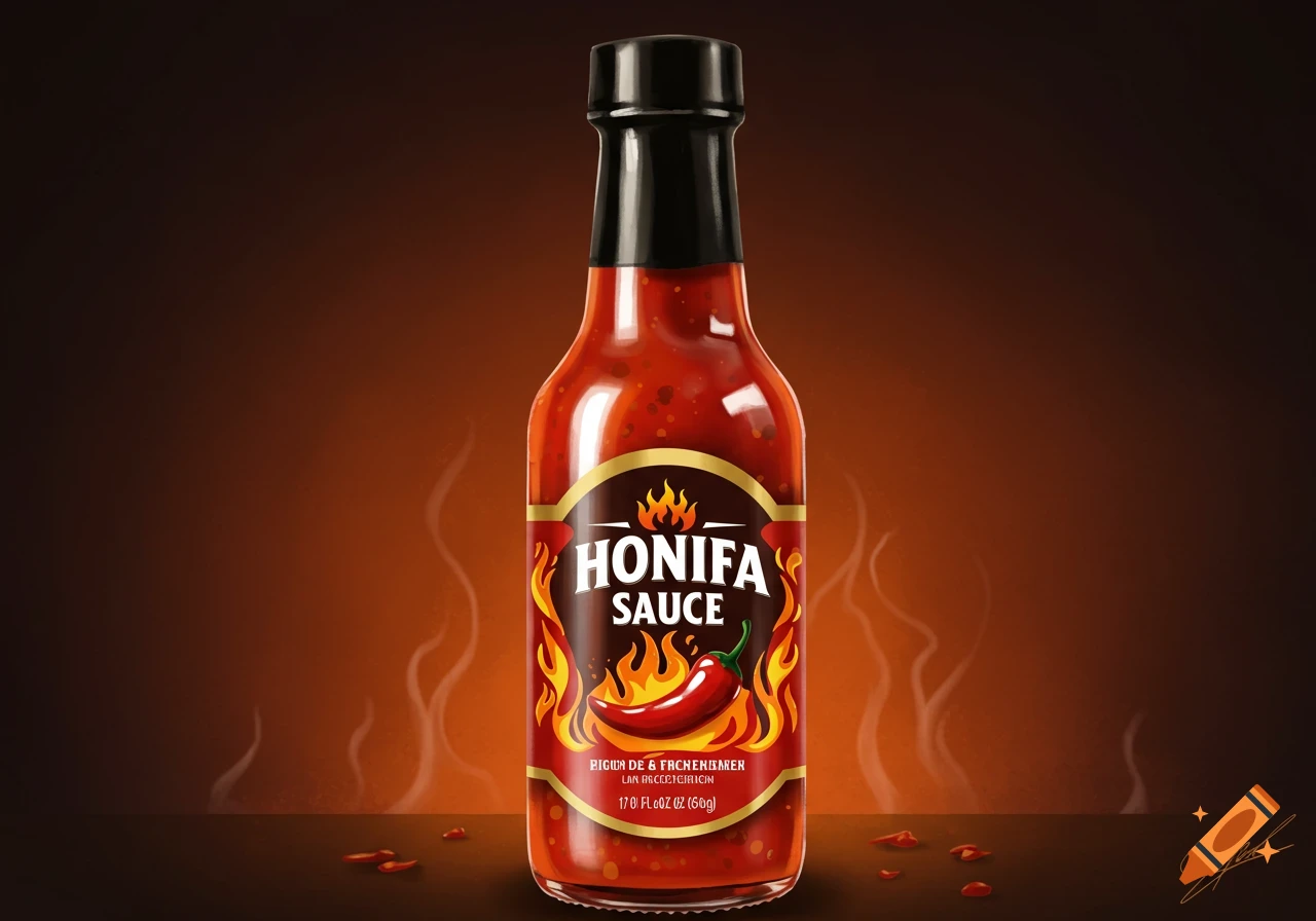 A bottle of hot sauce with a flame and chili pepper label on a dark surface with chili flakes.