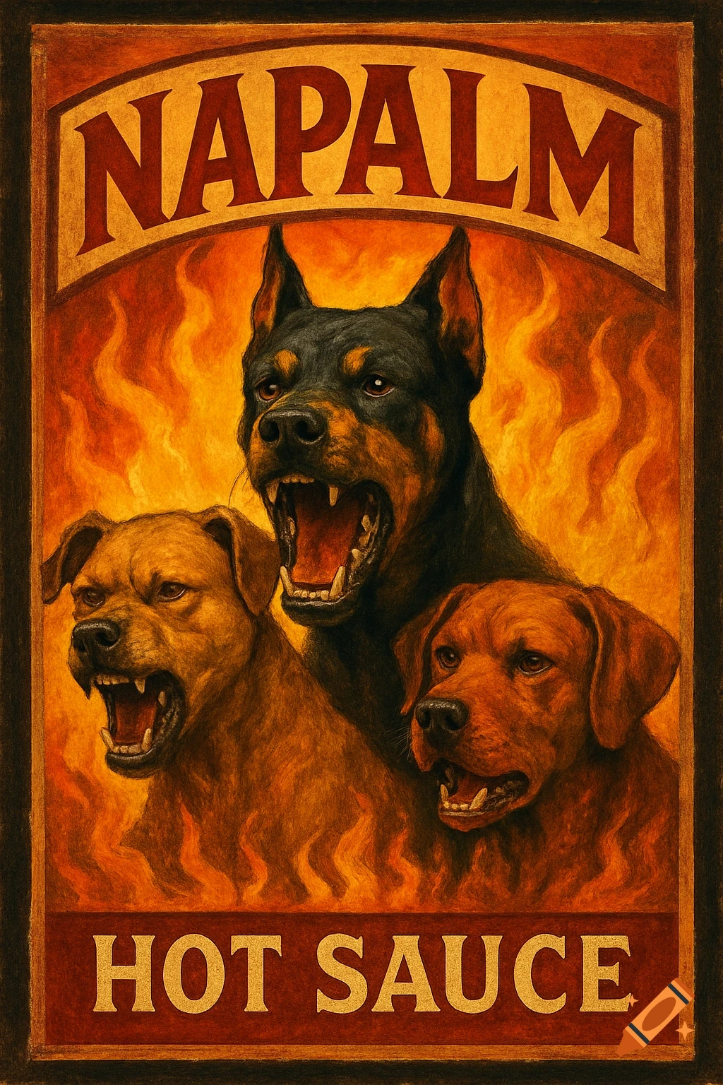Label for Napalm Hot Sauce with three fierce dogs and flames