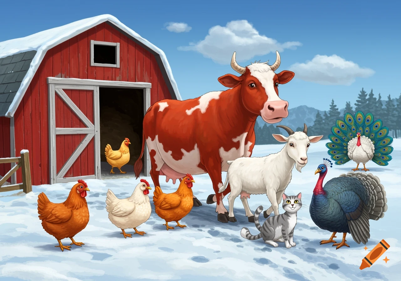 Cartoon farm animals (cow, chickens, goat, turkey, peacock, cat) stand in the snow near a red barn.