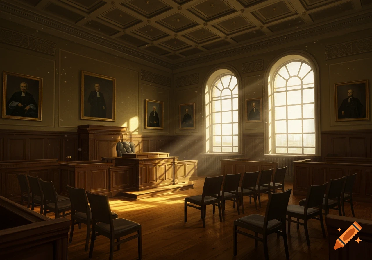 Interior of a courtroom with sunlight streaming through large arched windows and portraits on the walls