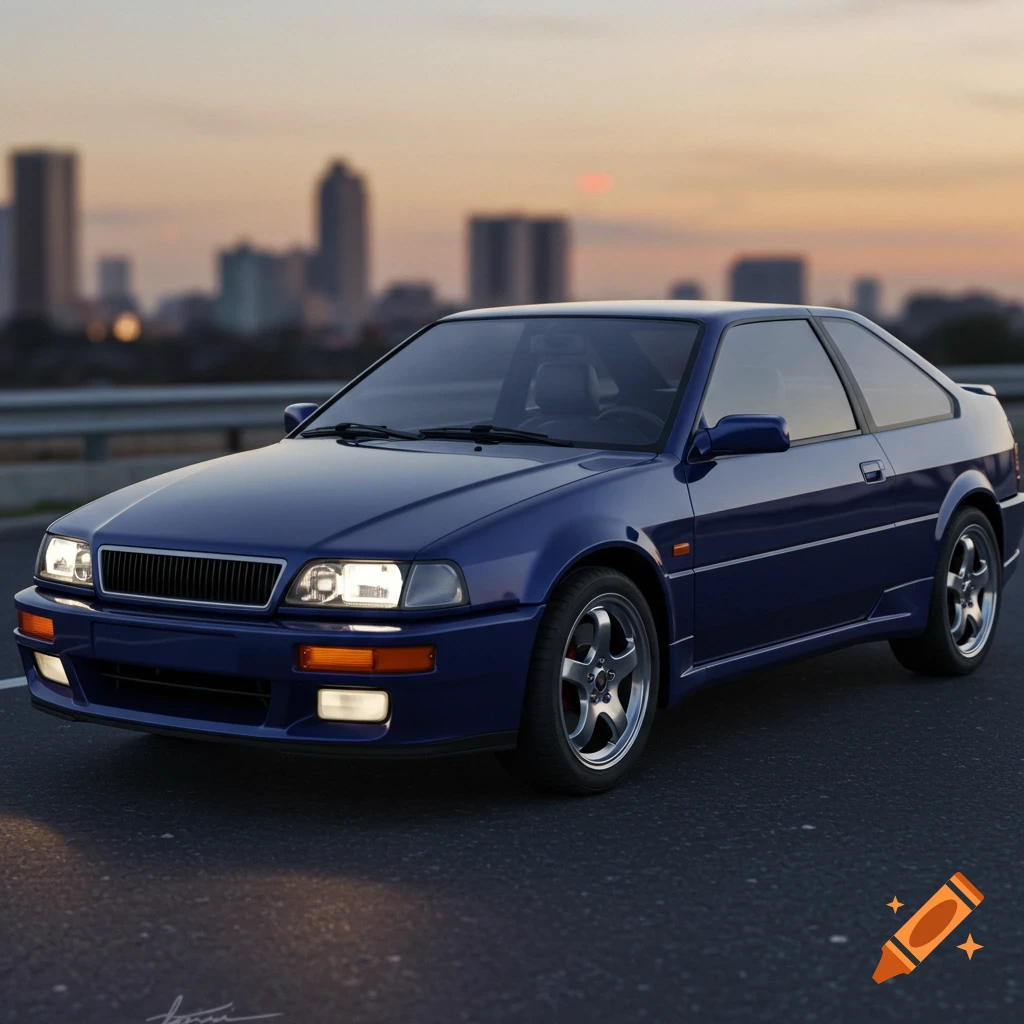 A dark blue vintage sports car parked on a road at sunset with a city skyline in the background.