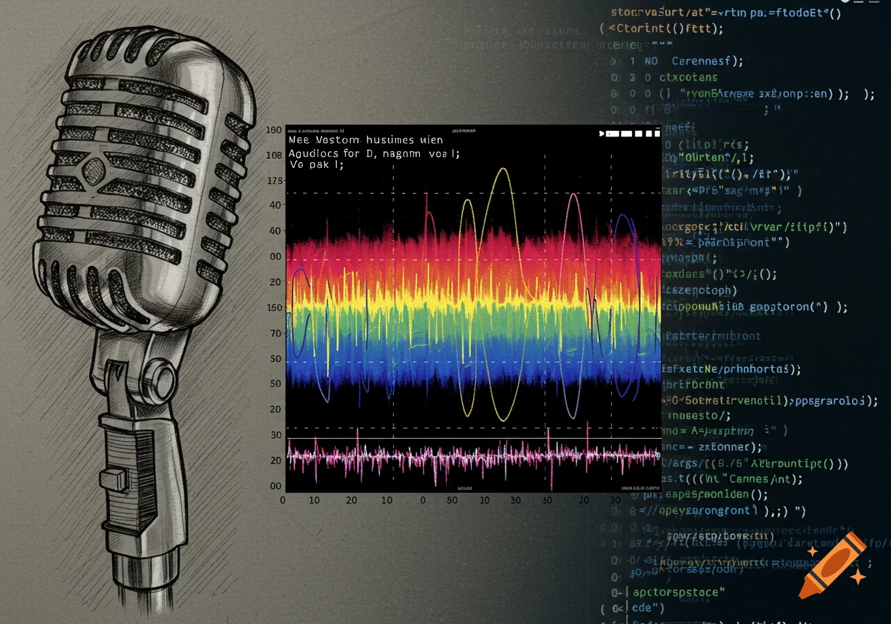 Drawing of a microphone on the left, a colorful spectrogram graph in the middle, and blurry computer code in the background on the right.