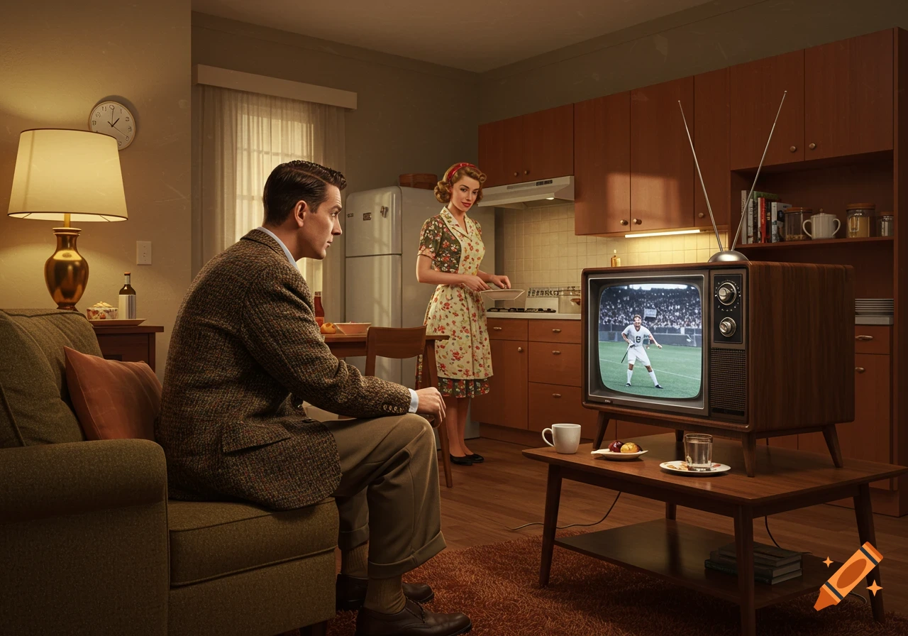 A man watches a football game on a vintage television while a woman cooks in the background, in a 1950s style living room.