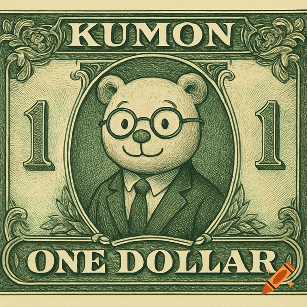 A cartoon bear in a suit and glasses on a dollar bill design with 'KUMON' and 'ONE DOLLAR' text, in an engraved style.