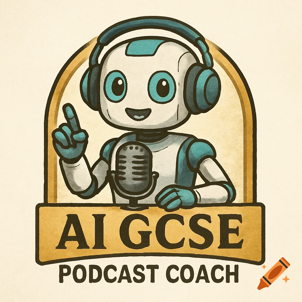 A cartoon logo features a friendly robot wearing headphones and holding a microphone, with text reading "AI GCSE PODCAST COACH".