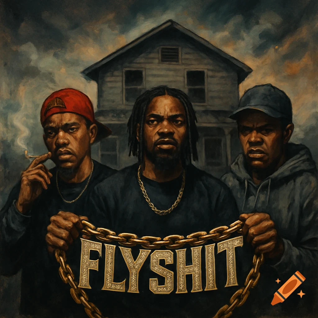 Three men styled as rappers hold a large gold chain with "FLYSHIT" text in front of a house, like an album cover.
