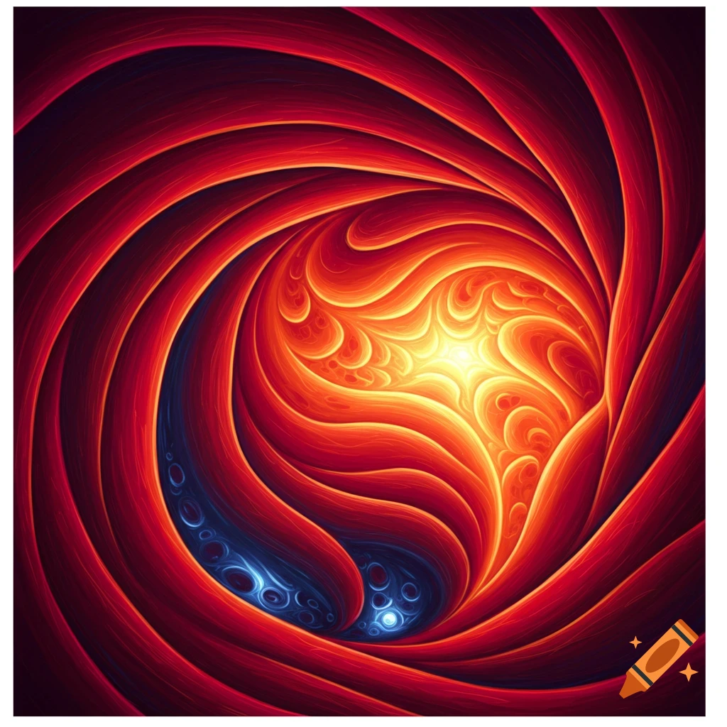 An abstract swirling vortex of red and orange light with blue accents.