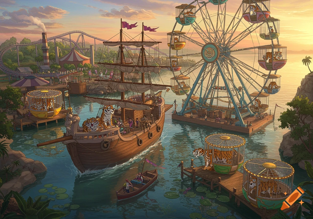 Whimsical illustration of a theme park with a pirate ship and Ferris wheel, populated by tigers on rides and docks.