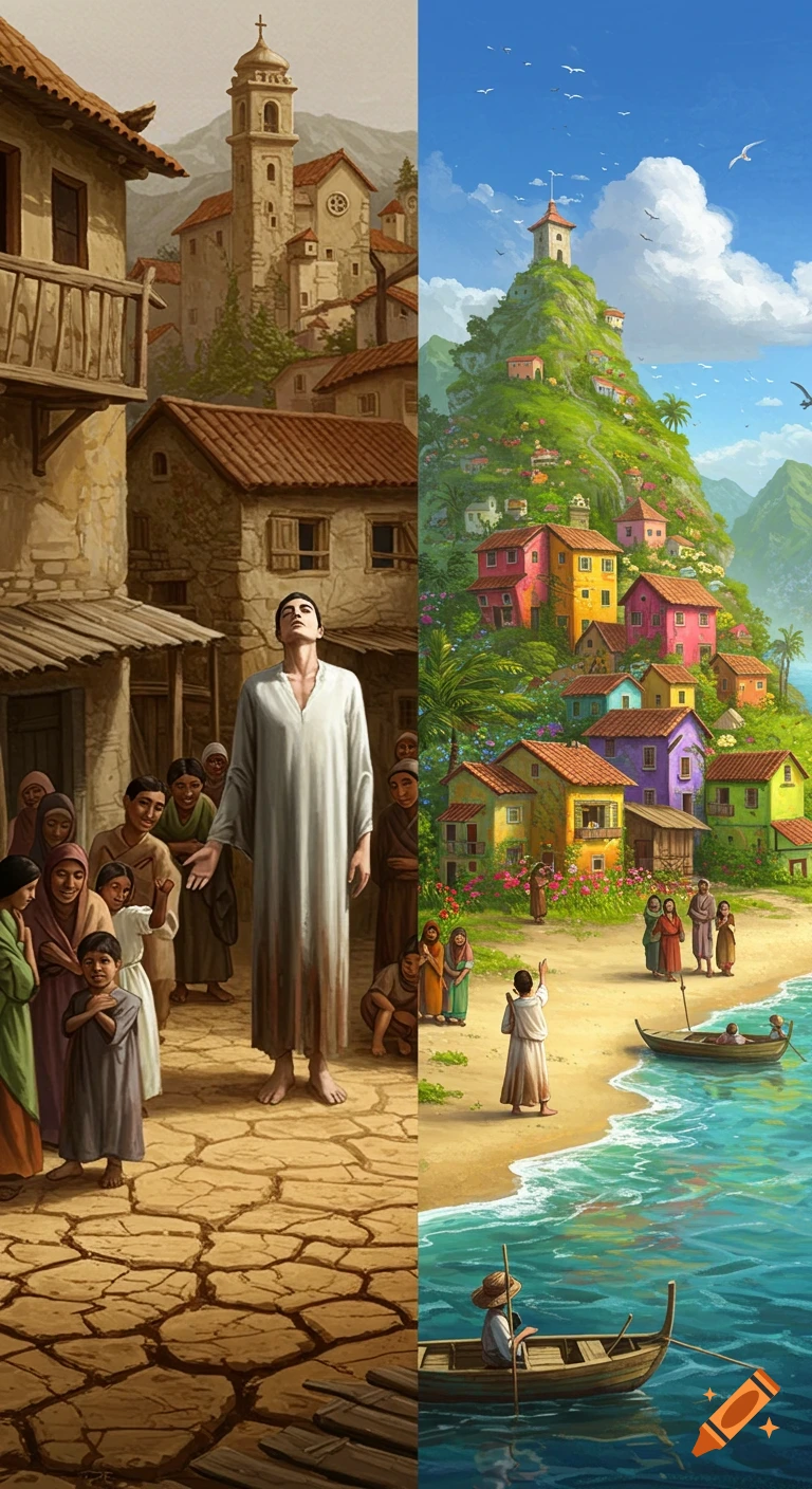 A split image shows a dry, old village on the left and a lush, colorful village scene with a beach on the right, both with people.