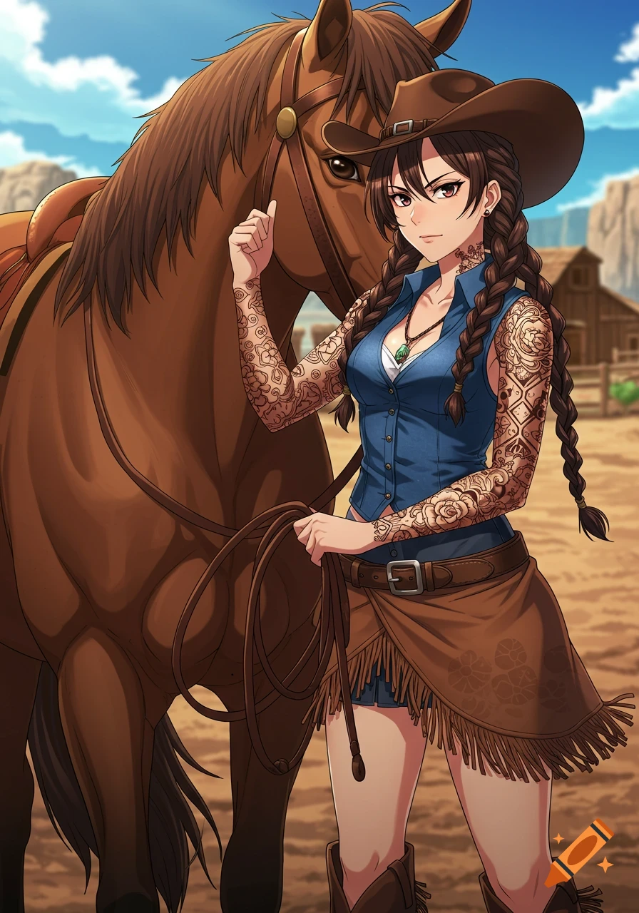 Anime cowgirl with tattoos and braids standing next to a horse in a western setting.