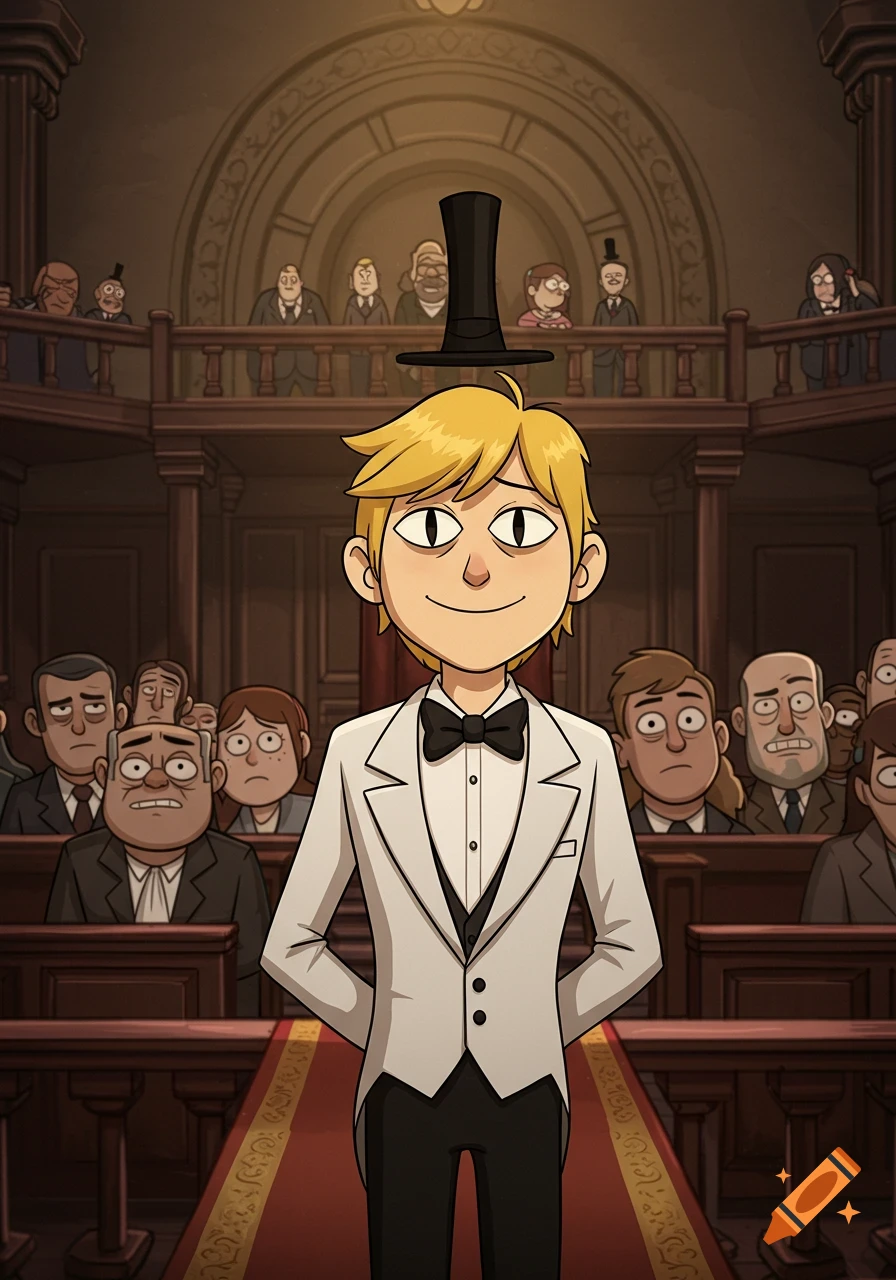 A blonde cartoon character in a tuxedo and top hat stands in a courtroom among cartoon onlookers.