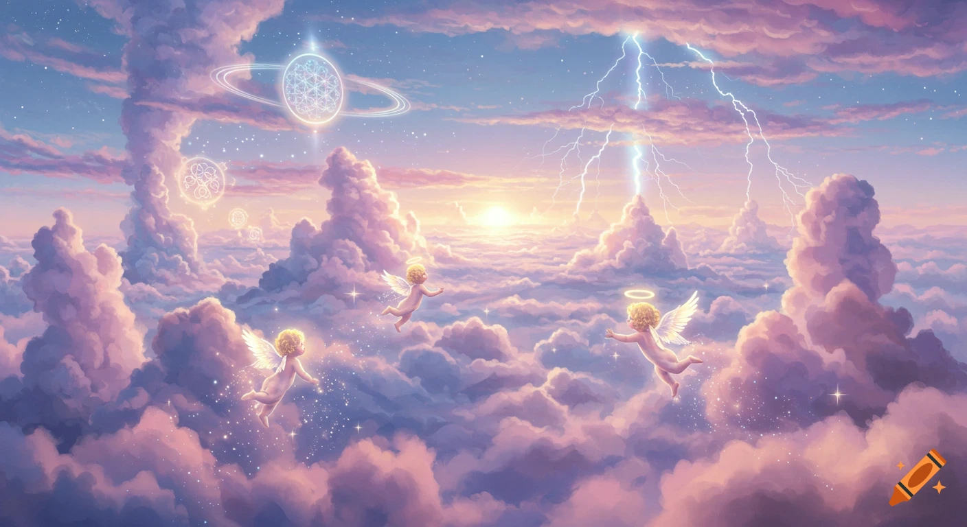 Cherubic angels fly through pastel clouds with lightning and sacred geometry in a fantasy digital painting.
