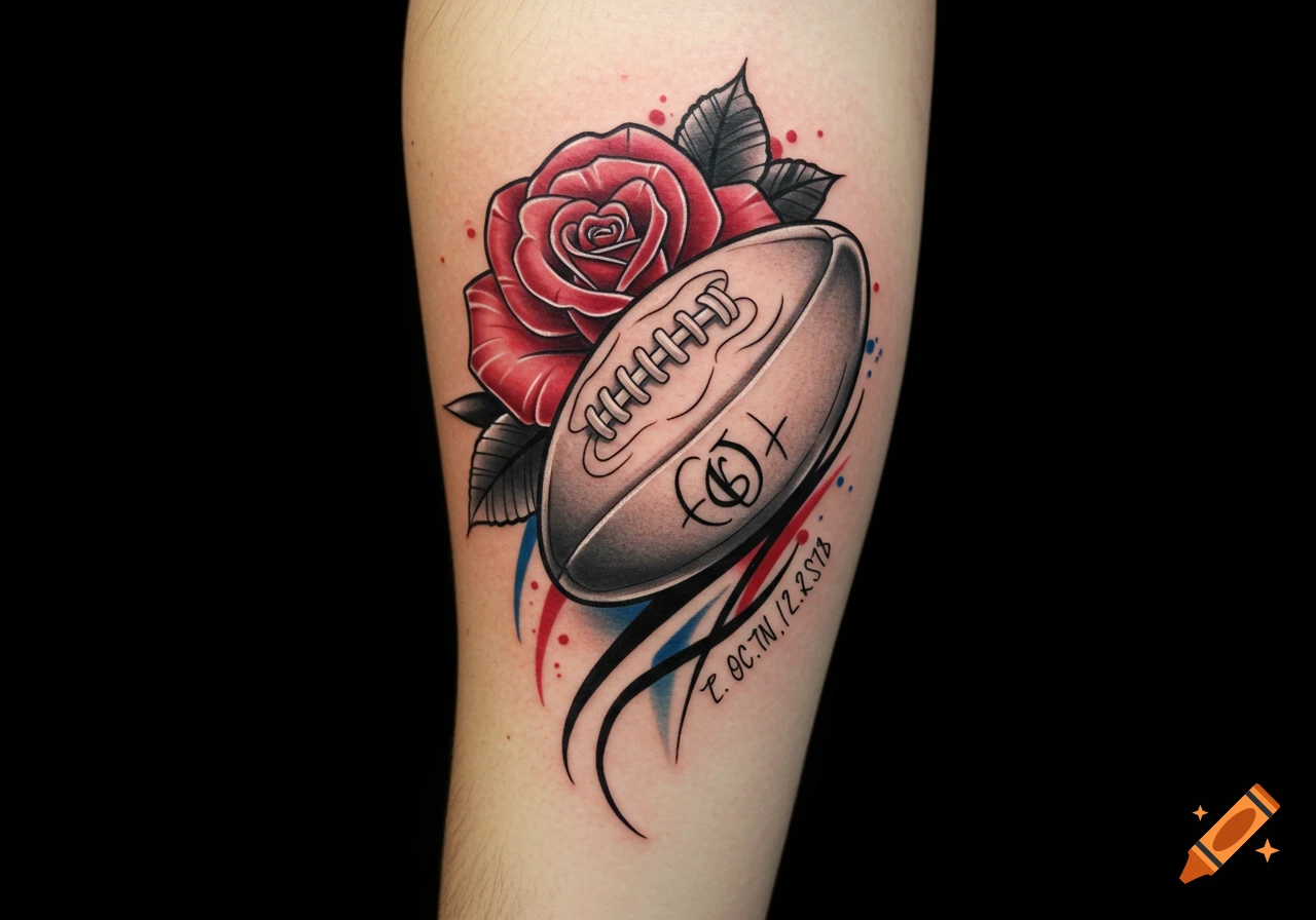 Tattoo of a red rose and a rugby ball on an arm