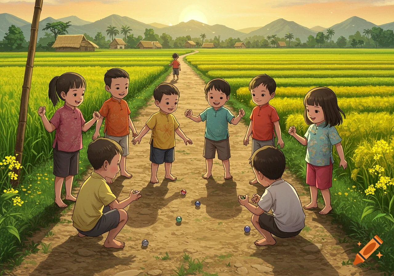 Children playing marbles on a dirt path in a rural landscape with rice fields at sunset.