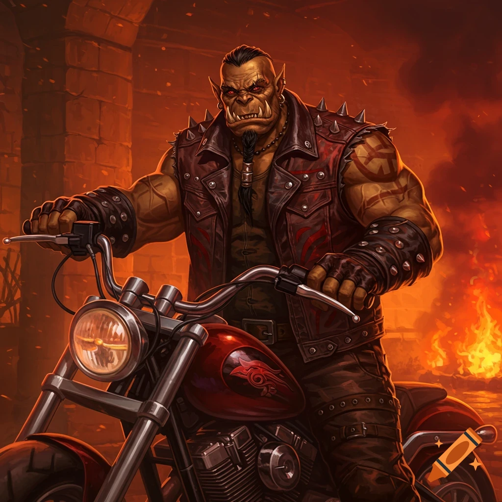 An orc in a red spiked biker vest rides a motorcycle against a fiery background.