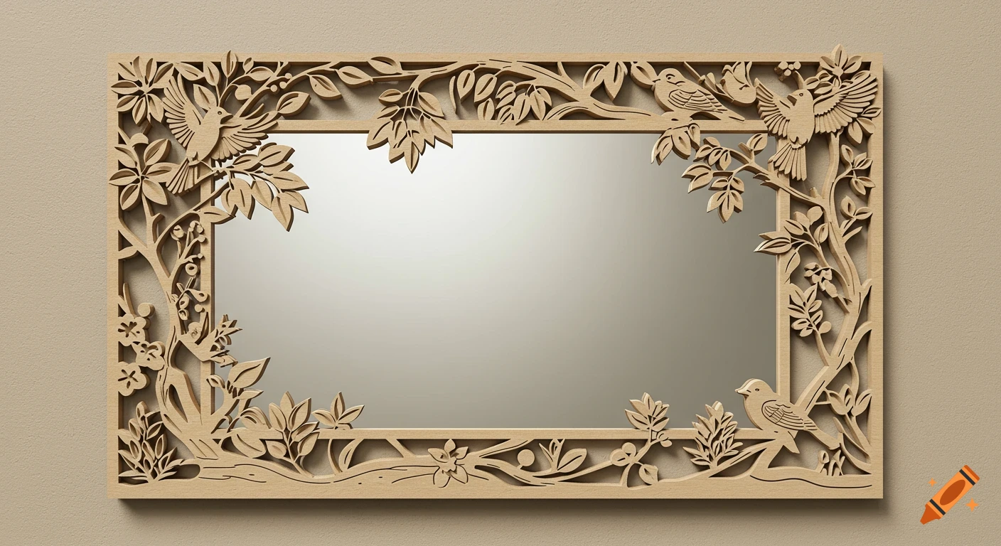 Wooden mirror frame with carved birds and foliage.