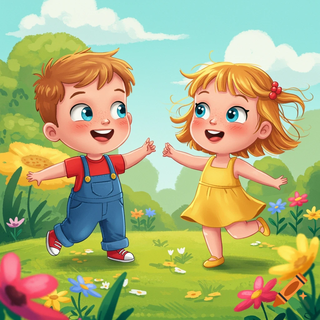 Two happy cartoon children dancing in a bright grassy field with flowers.