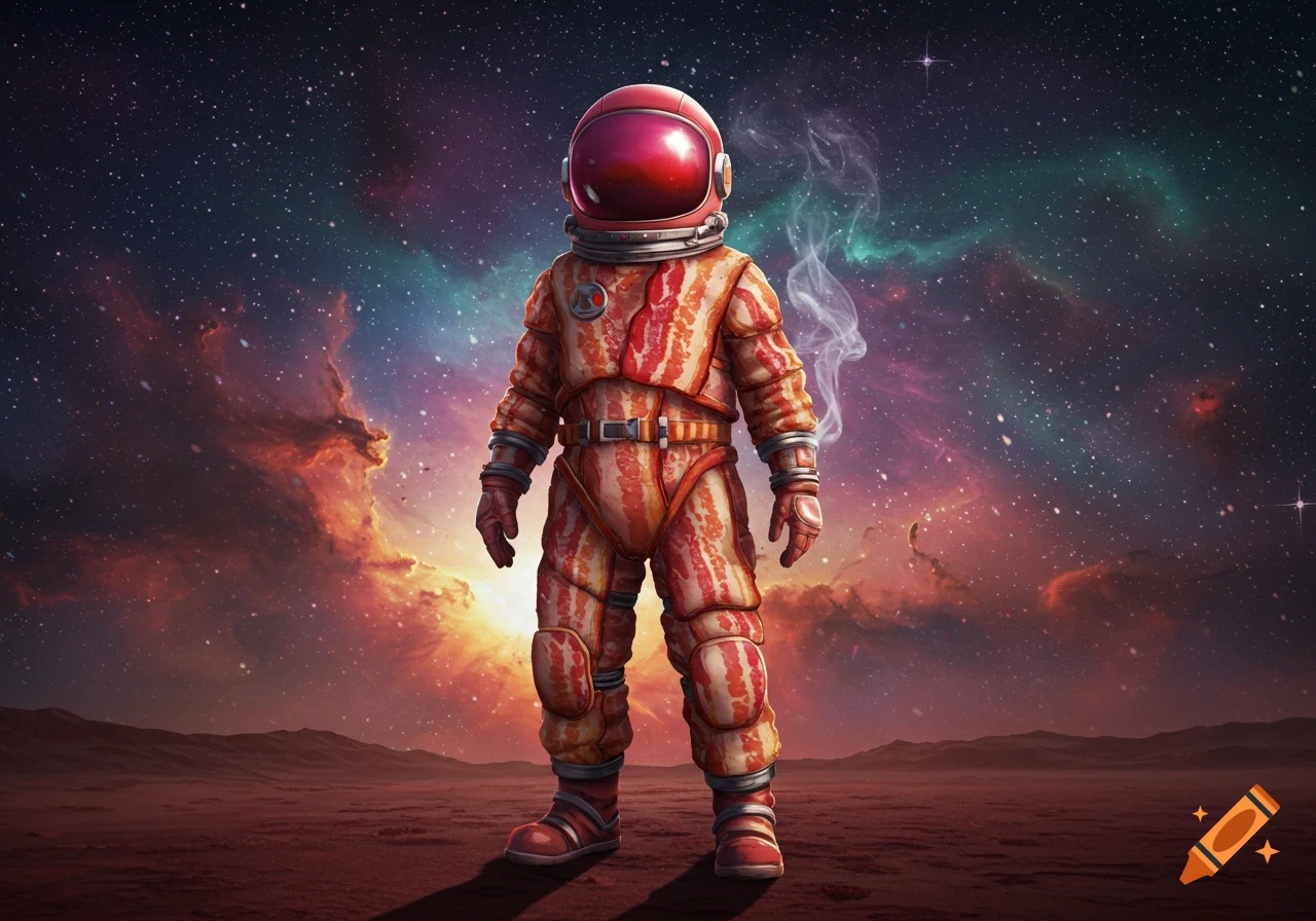 An astronaut wearing a spacesuit made of bacon stands on a planet surface against a vibrant space nebula.