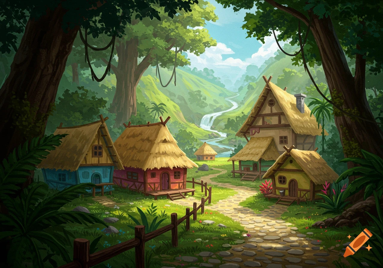 Illustration of a village with thatched huts in a hilly rainforest with a waterfall and winding path.