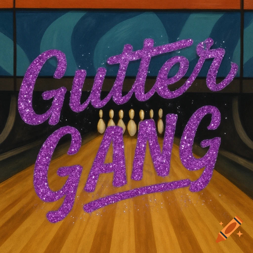 Purple glitter text 'Gutter GANG' over a bowling lane background.