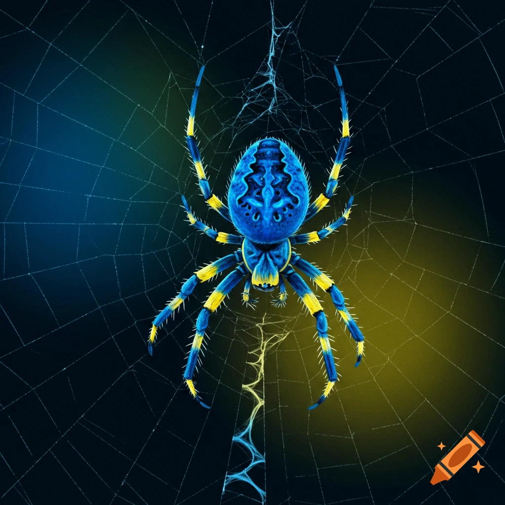 A blue and yellow spider sits centered on its web against a dark background with blue and yellow lighting.