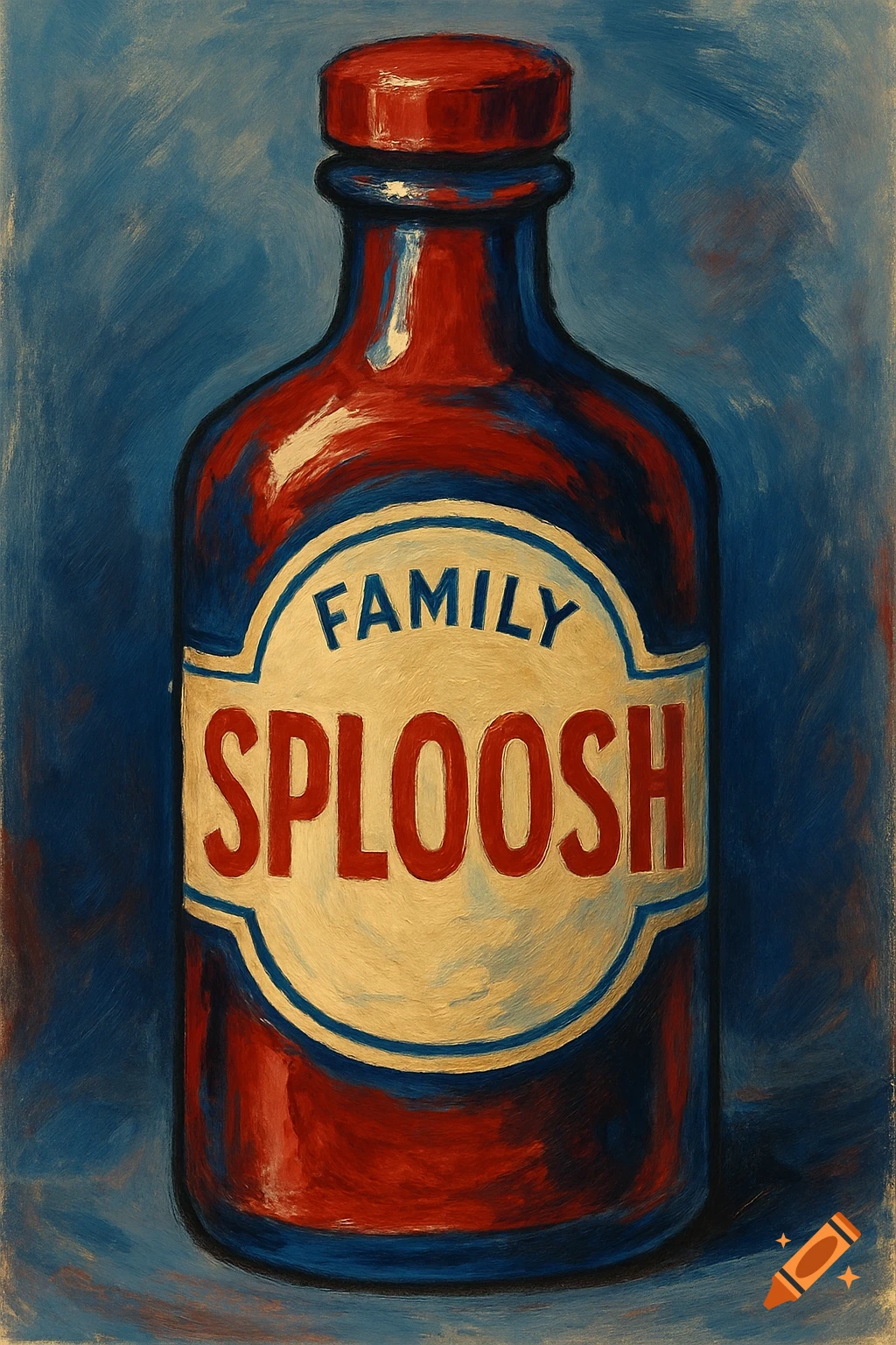 Painting of a red and blue bottle with the label 'Family Sploosh'