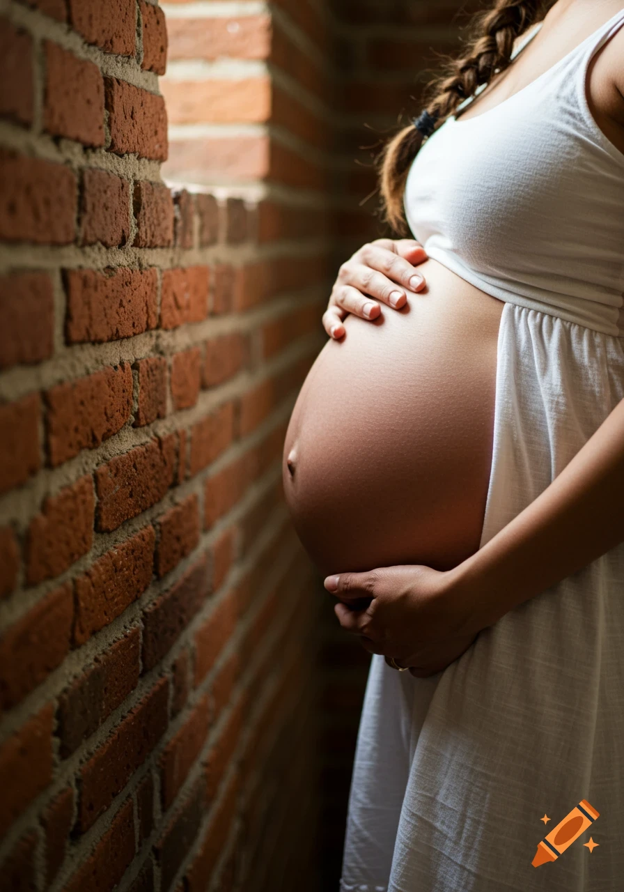 Close-up of a pregnant belly next to a brick wall.