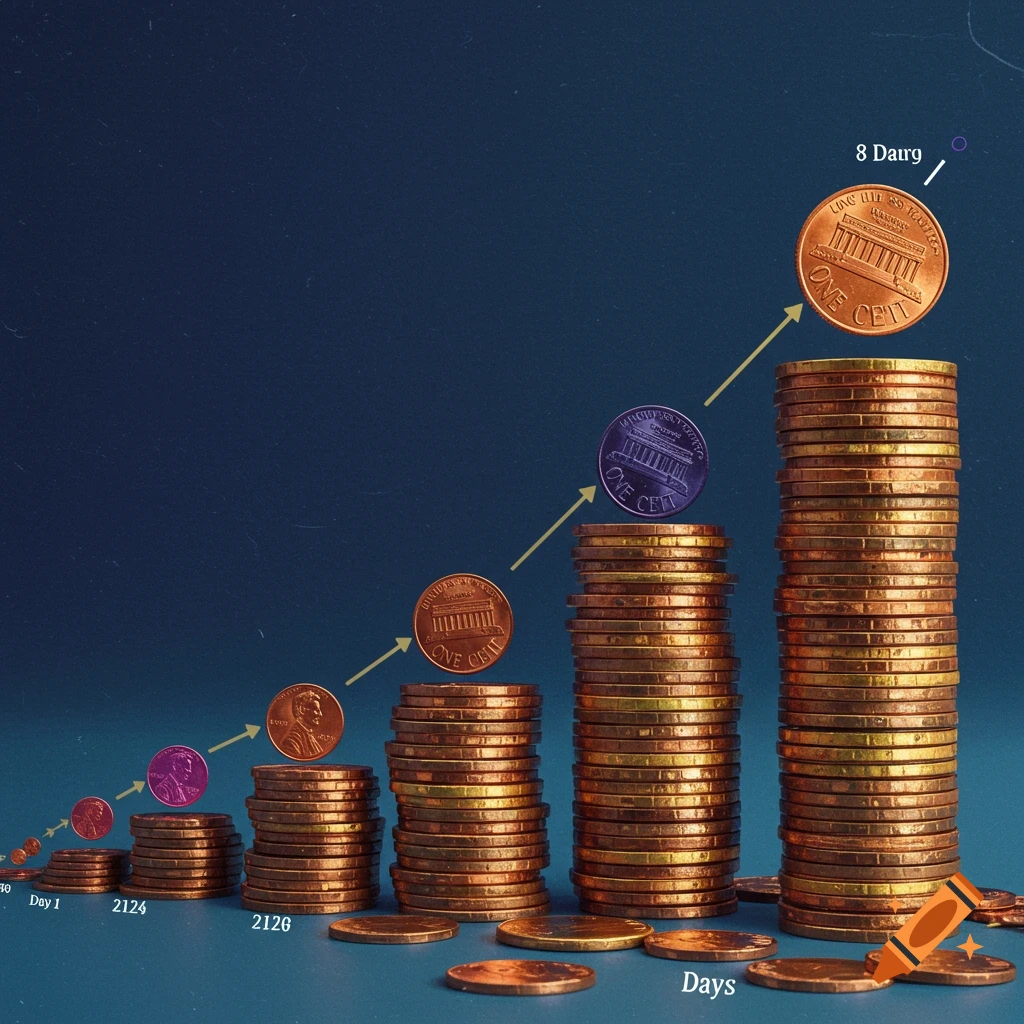 Stacks of pennies growing along an arrow path on a dark background.