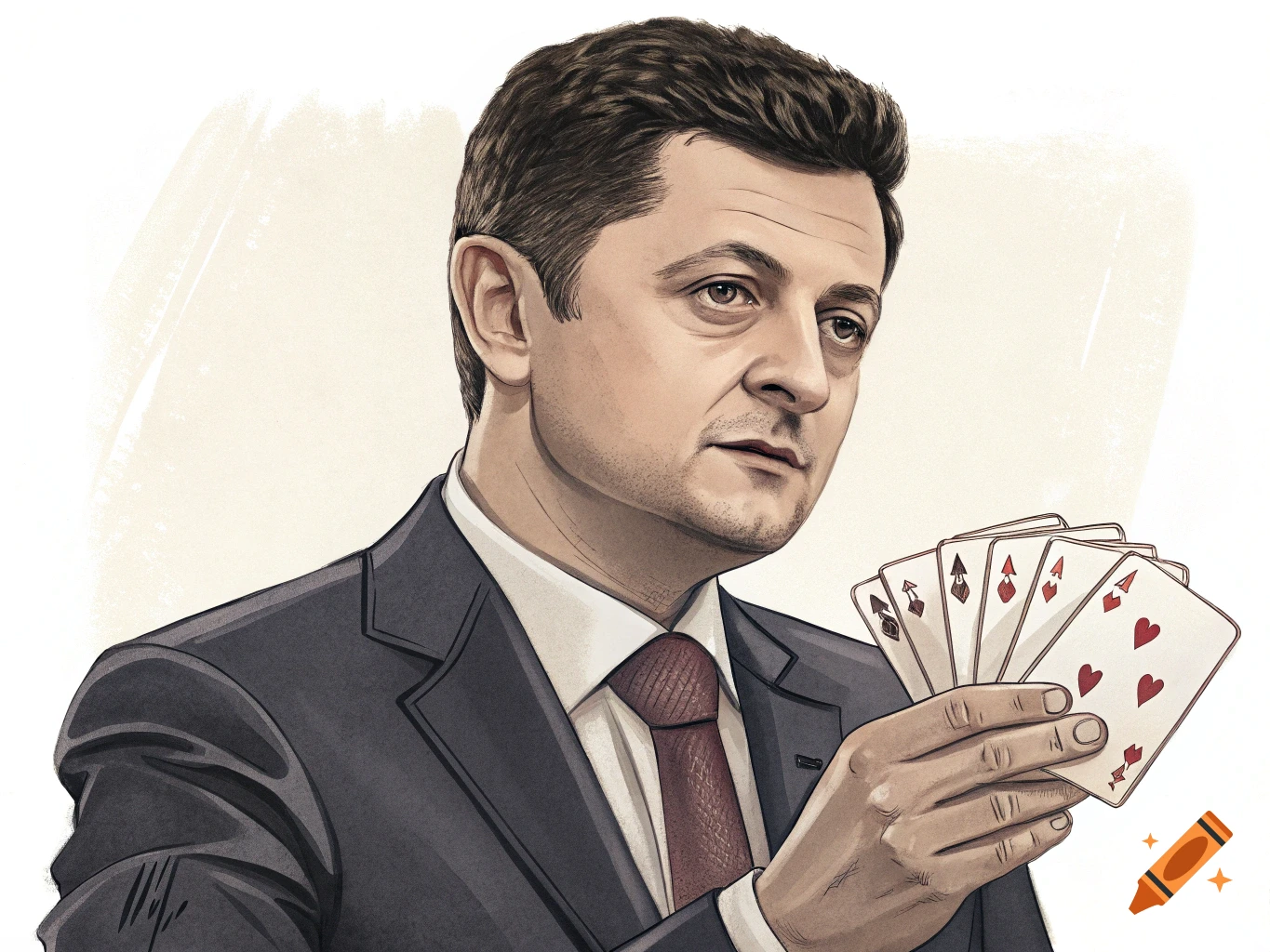 Illustration of Volodymyr Zelenskyy in a suit holding a hand of playing cards