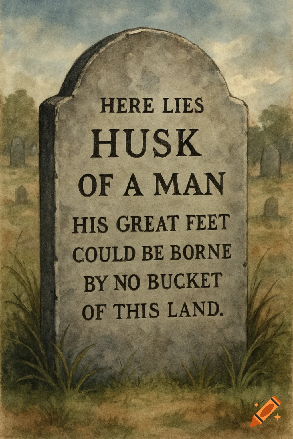 A gravestone in a graveyard with the epitaph 'Here lies Husk of a Man His great feet could be borne by no bucket of this land.' Painted style.