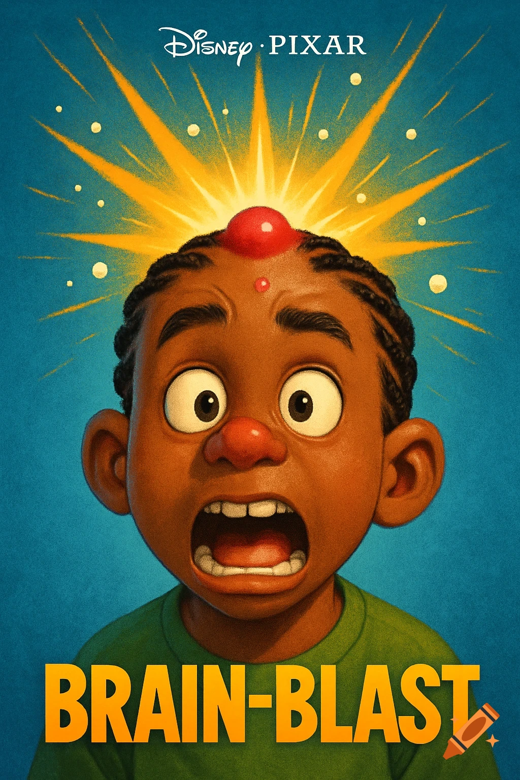 Disney Pixar style movie poster of a wide-eyed child with a red pimple and sunburst on head, title 'BRAIN-BLAST'