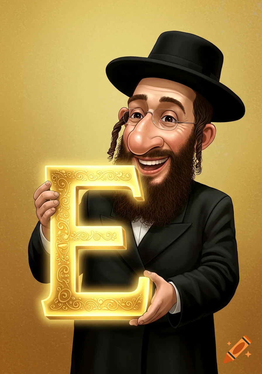 Caricature of a smiling Hasidic man holding a glowing golden letter E.