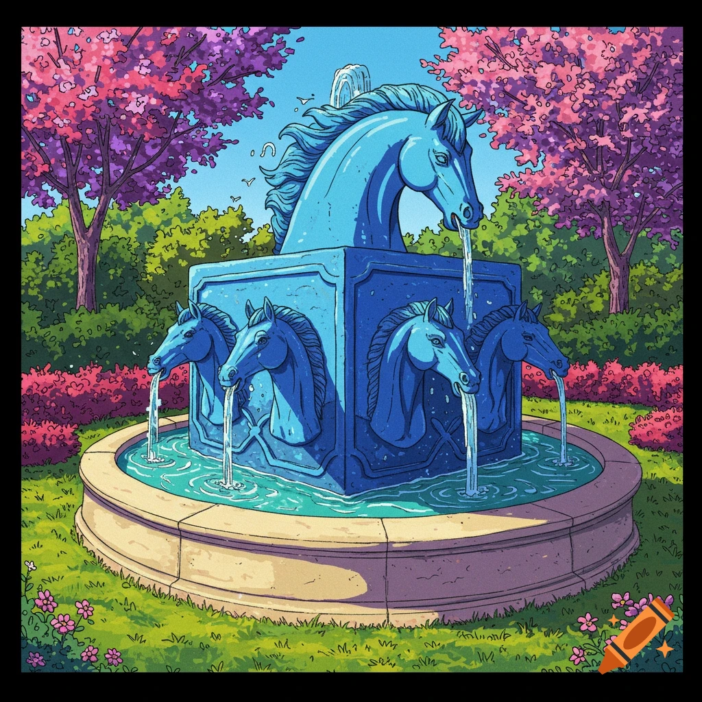 Illustration of a blue horse head fountain in a garden with pink trees.
