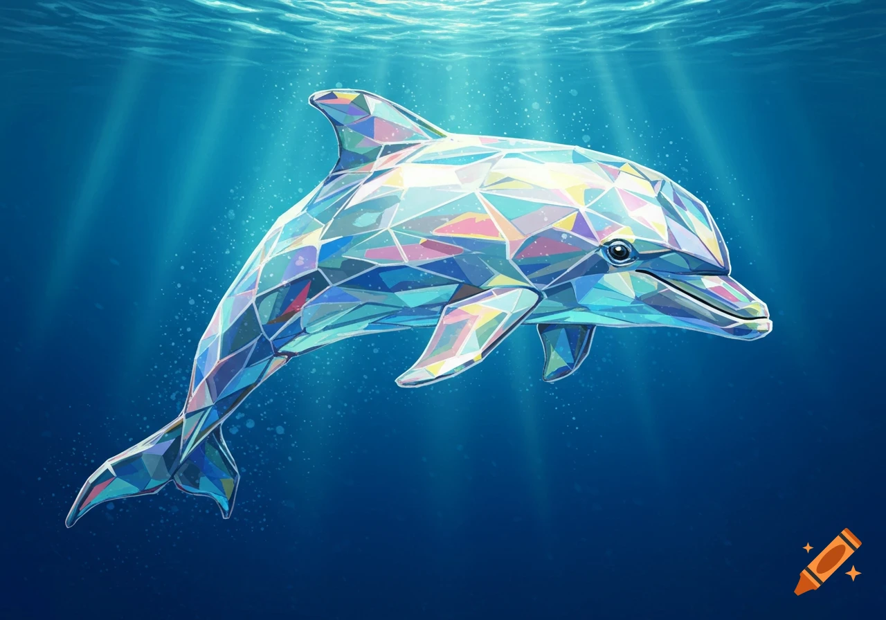 Geometric crystal dolphin swims underwater with light rays.