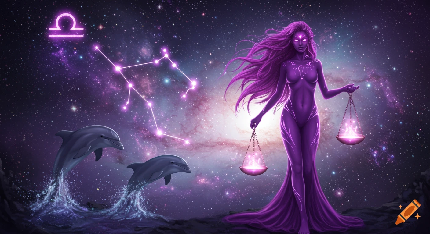 Fantasy art of purple goddess with scales, dolphins, Libra symbol, and cosmic background.