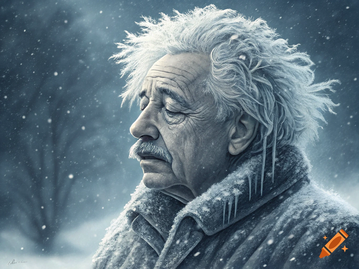 Profile portrait of Albert Einstein covered in ice and snow during a snowfall.