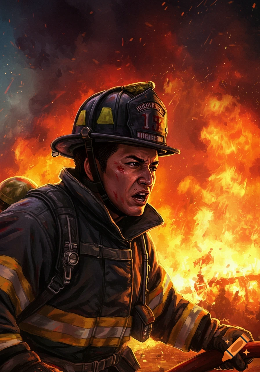 Illustration of a firefighter in gear facing a large fire with smoke and embers.