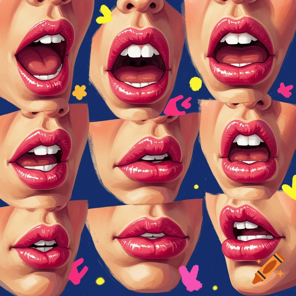 Illustrations of multiple mouths with bright red lipstick and various open expressions.