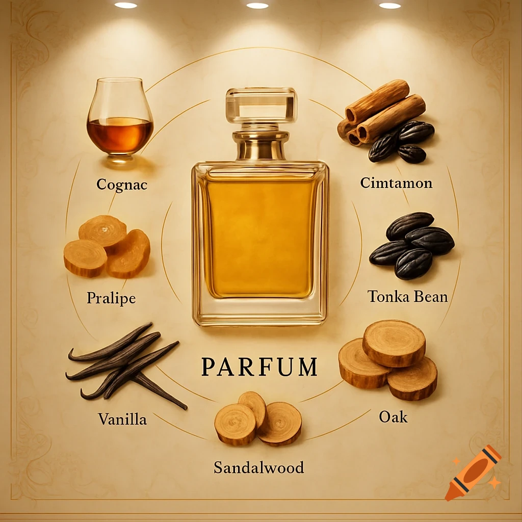 Luxury perfume bottle surrounded by ingredients like cognac, vanilla, cinnamon, and oak on a light background with spotlights.